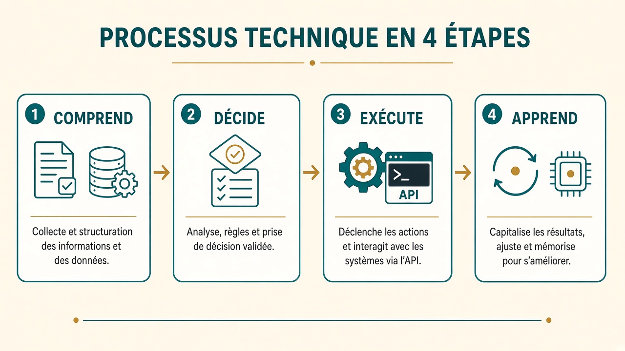 Schéma du cycle Comprend, Décide, Exécute, Apprend — Verisav Agents