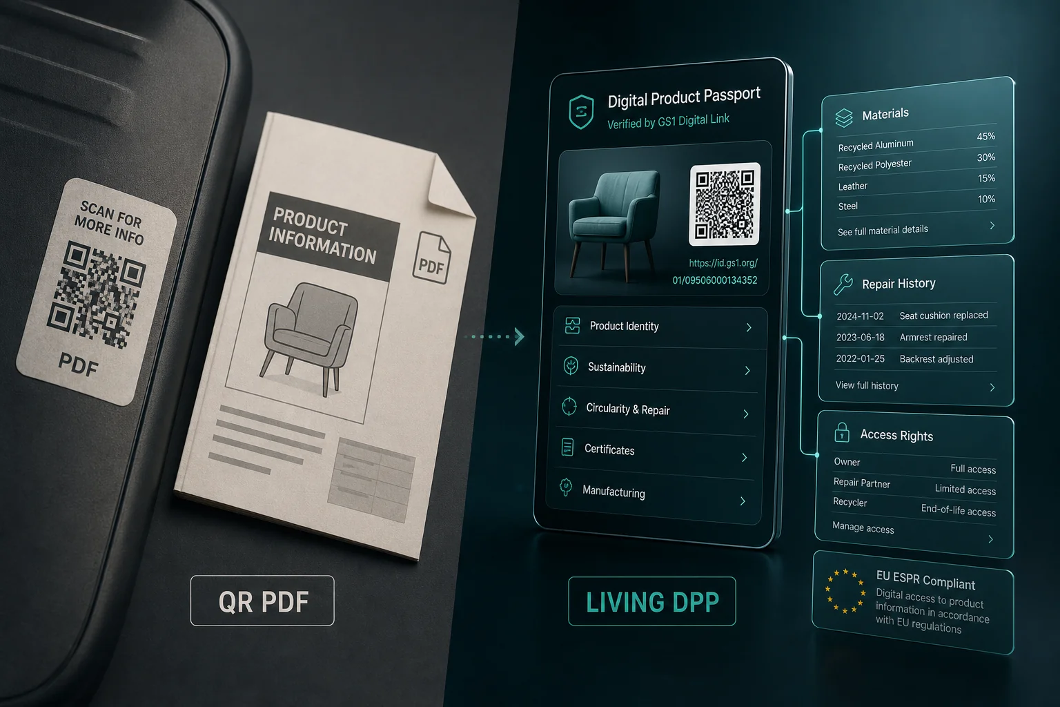 Comparación entre un QR de marketing hacia un PDF y un verdadero Digital Product Passport estructurado