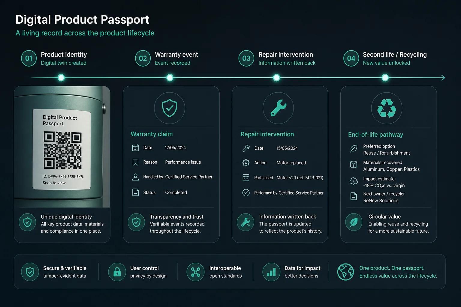 Esquema de un pasaporte de producto vivo: identidad, garantía, reparación y segunda vida conectadas