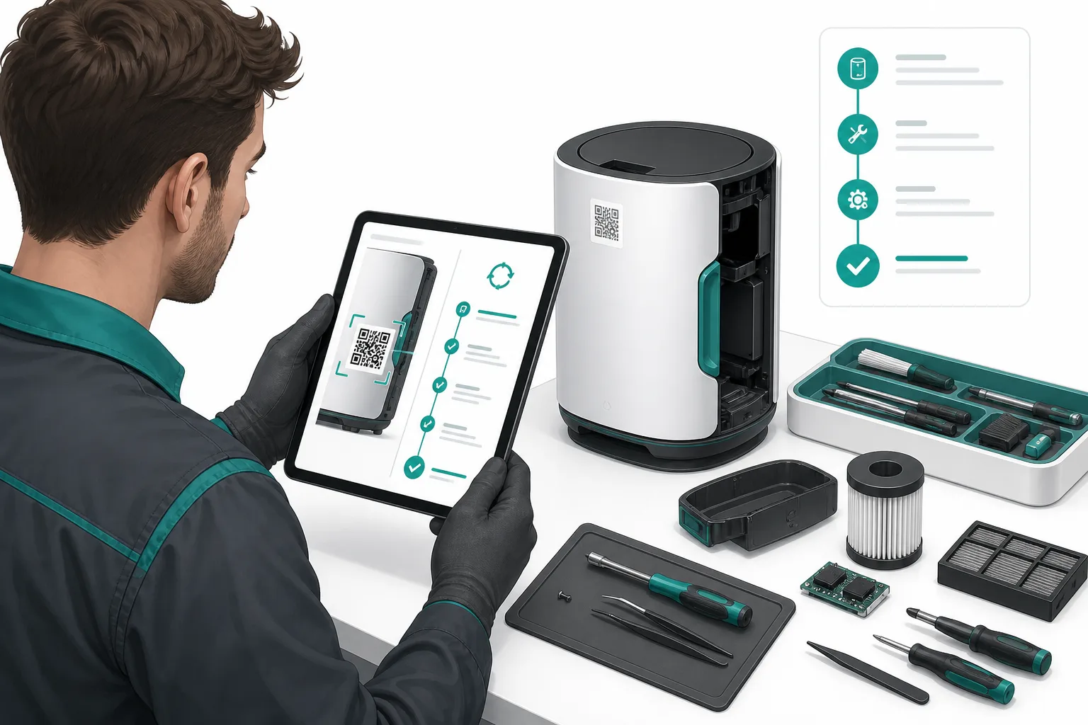 Repairer updating a digital product passport after an intervention — Verisav living passport